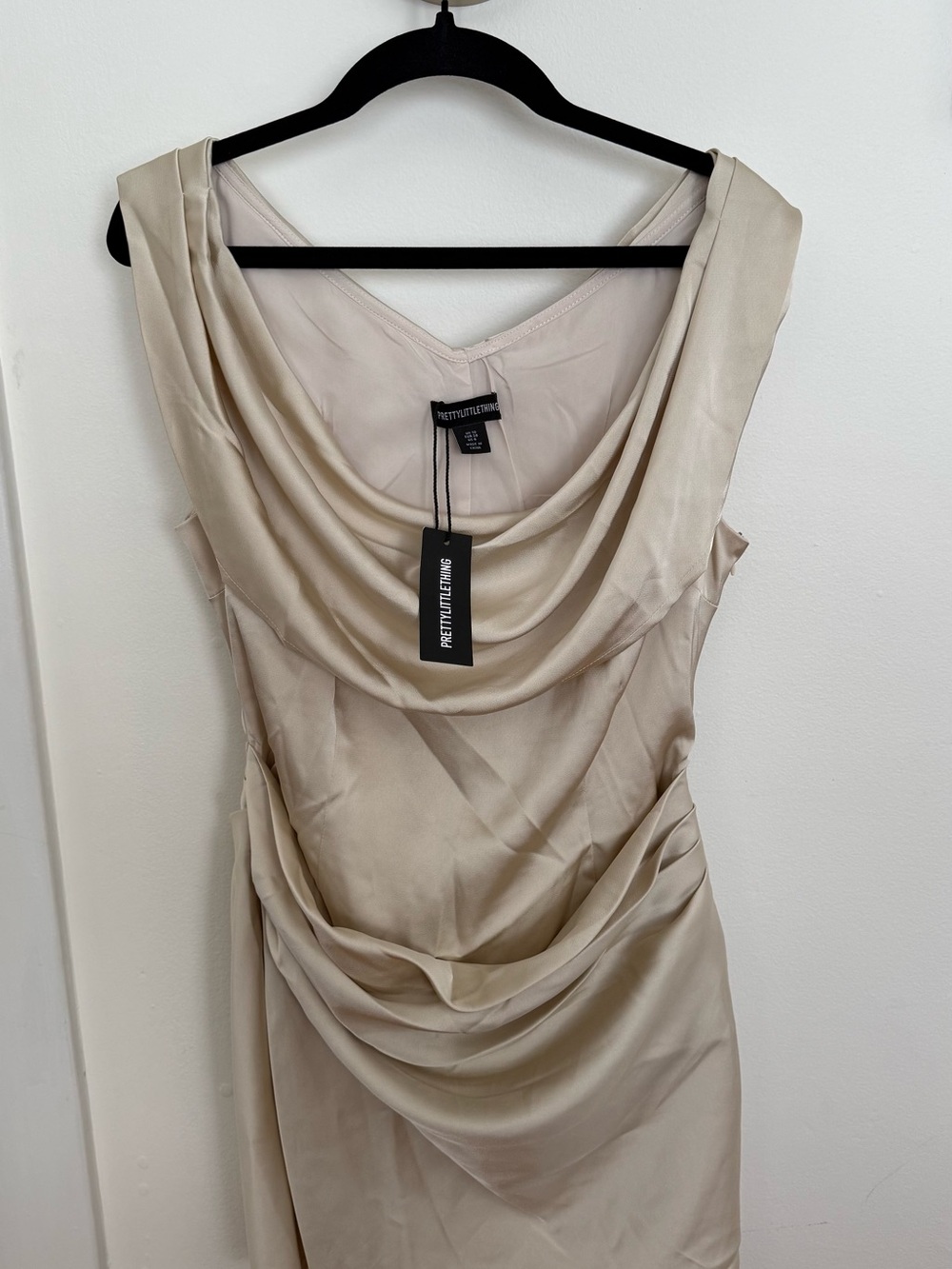 PrettyLittleThing Cream Satin Drape Detail Bodycon Mini Dress